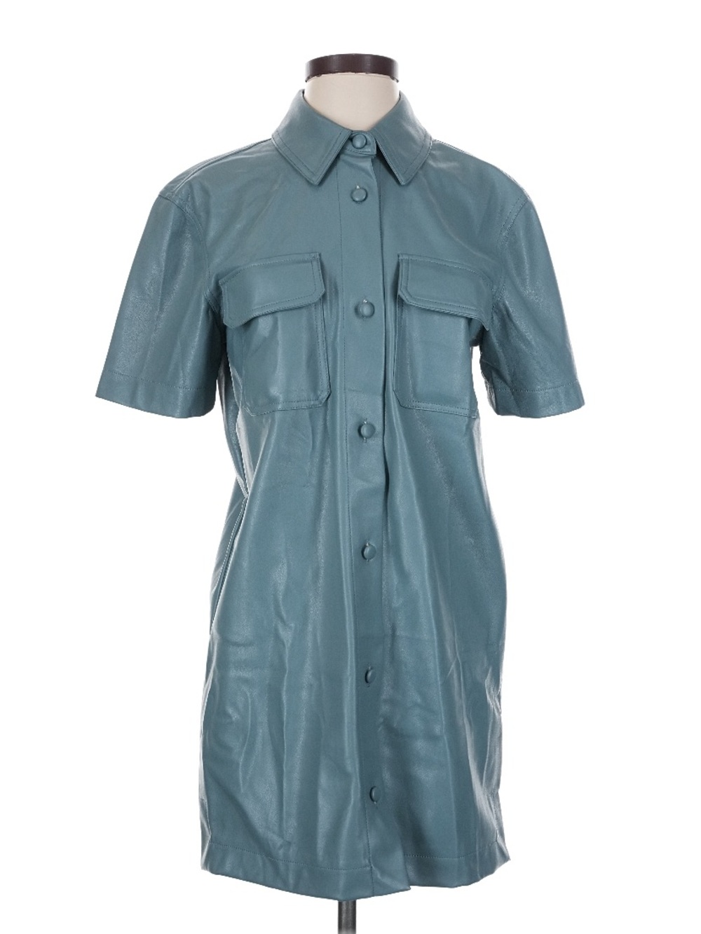 7 For All Mankind Teal Short-Sleeve Faux Leather Shirt Dress